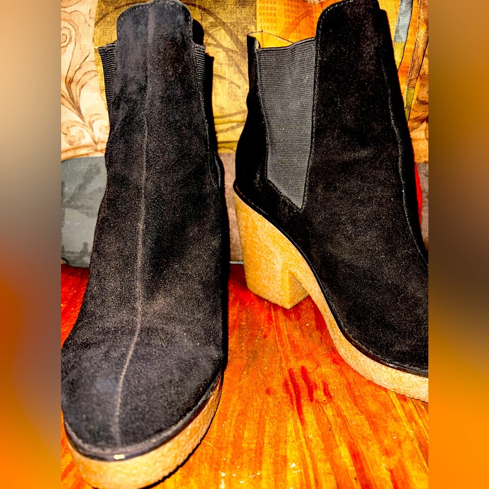 Black Suede Chelsea-Style Ankle Boots with Cork Chunky Heel – $20